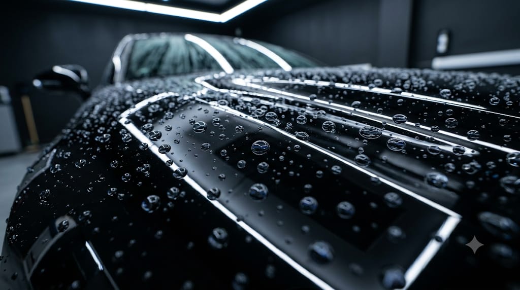 Close-up of water beading on black paint protected by ceramic coating