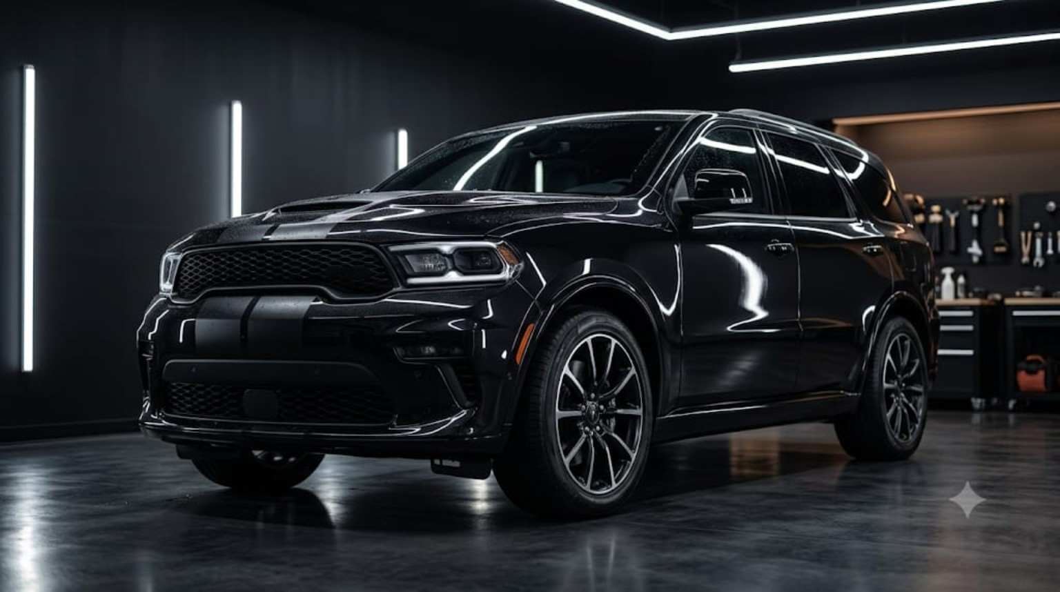 Black Dodge Durango SUV exterior detailing in a dark garage