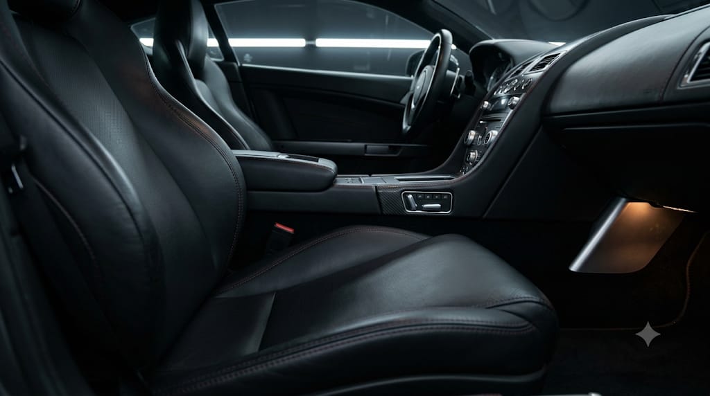 Sports car interior with black leather seats and center console after detailing