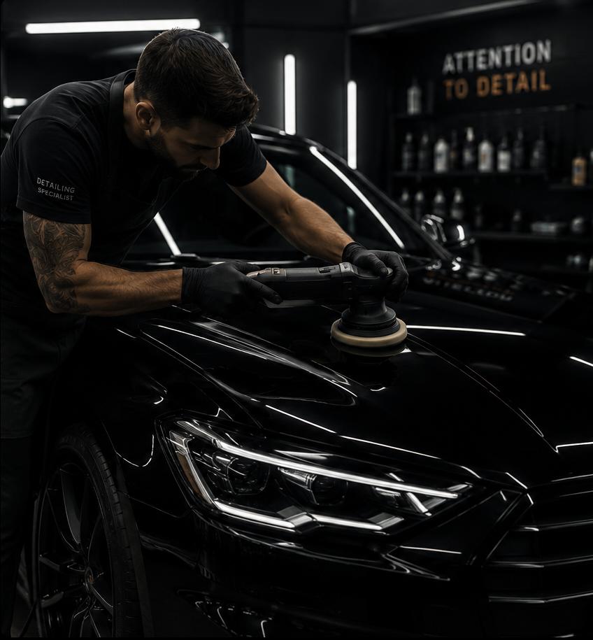 Detailing specialist polishing a black luxury car